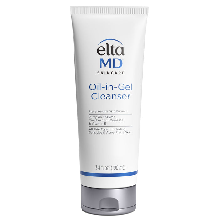A tube of EltaMD Oil-in-Gel Cleanser, with white and blue labeling, designed for facial cleansing.