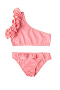 Kids One Shoulder Bikini with ruffle shoulder detail and ruffle waistband in pink