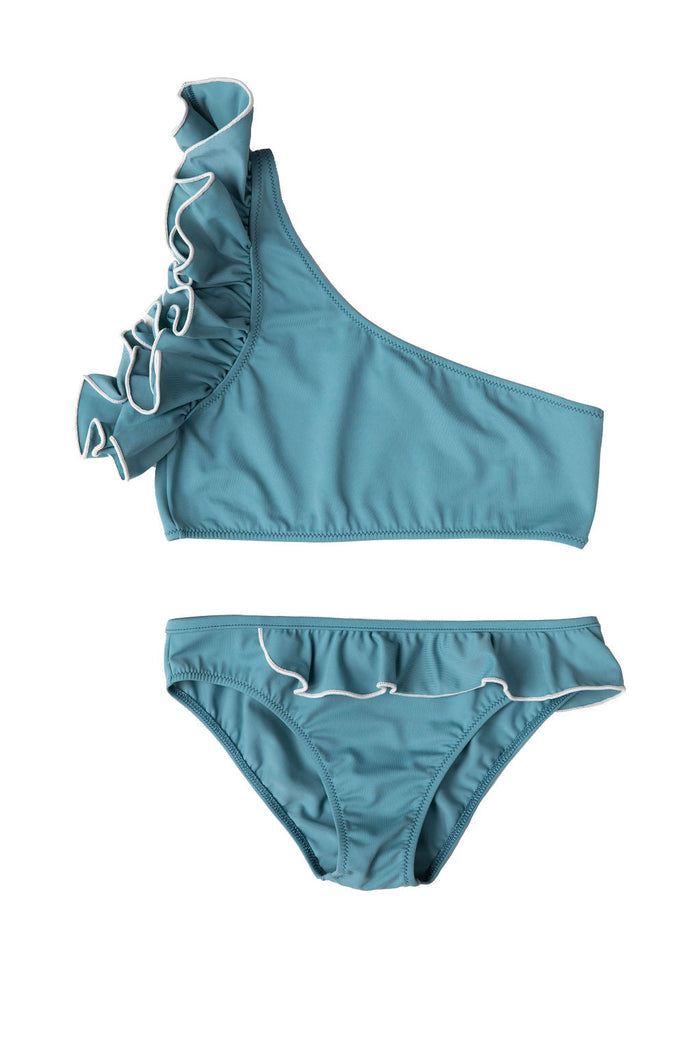 One Shoulder Ruffle Bikini in Seafoam