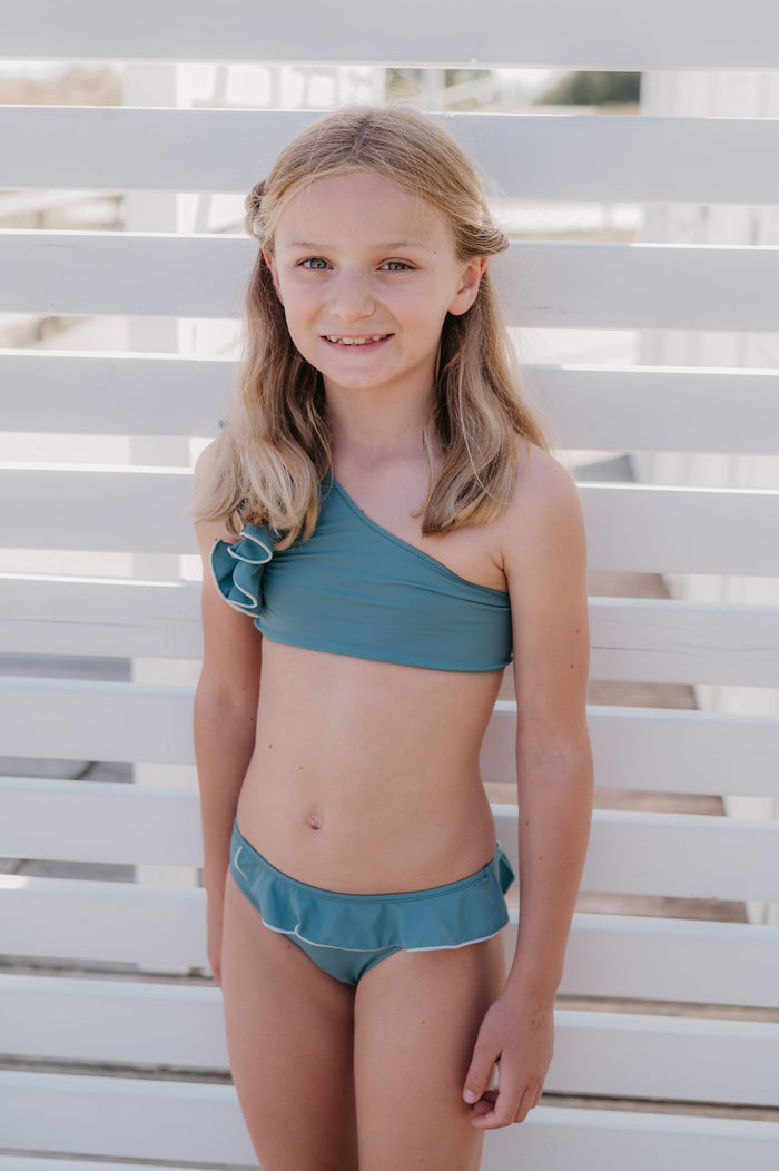 One Shoulder Ruffle Bikini in Seafoam