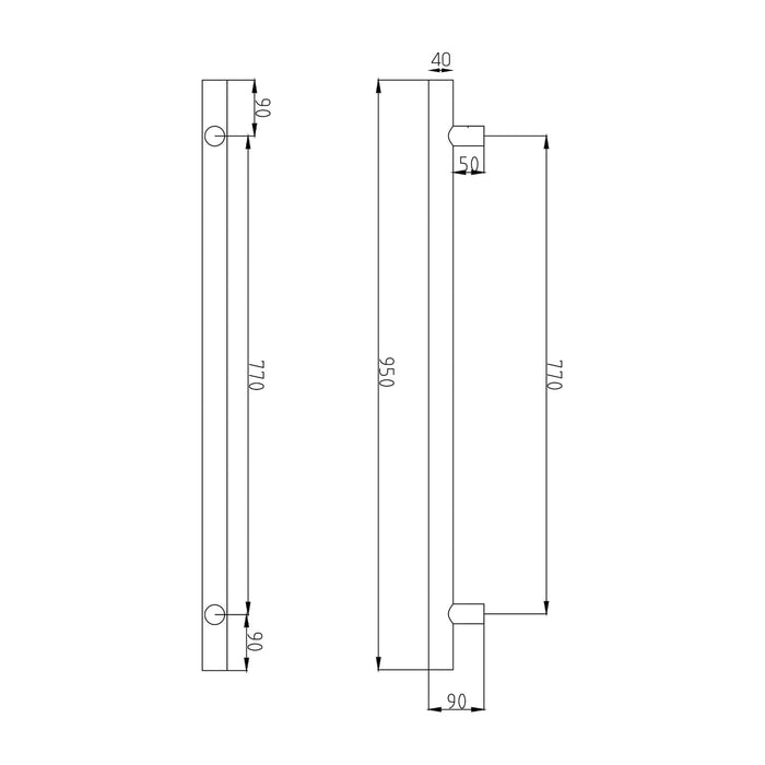Technical Drawing Radiant Heated Vertical towel rail 40 x 950mm Champagne CH-VTR-950 - The Blue Space