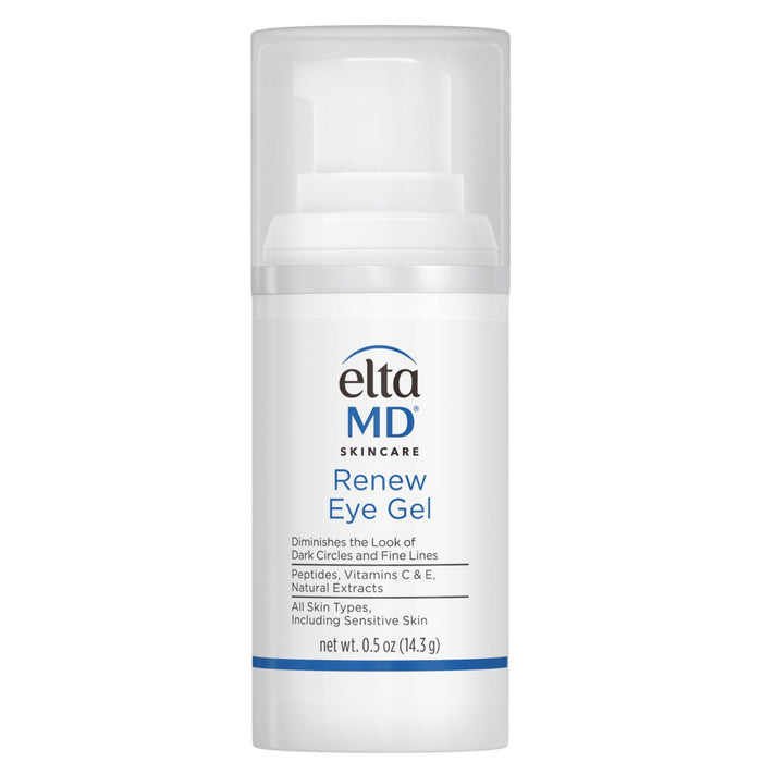 A bottle of EltaMD Renew Eye Gel, designed to diminish dark circles and fine lines around the eye area.