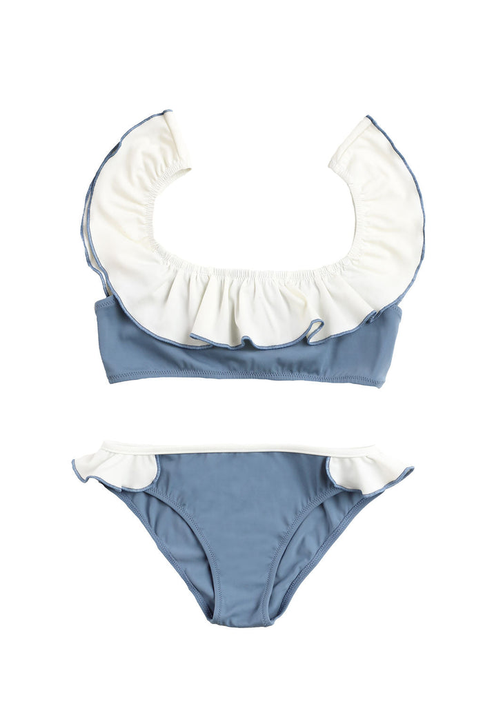 Kids ruffle bikini in blue with ivory ruffle trim