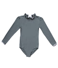 Ruffle Neck Long Sleeve Swimsuit in Pebble Grey
