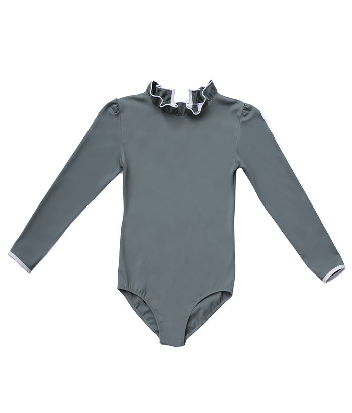 Ruffle Neck Long Sleeve Swimsuit in Pebble Grey