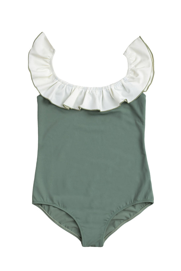 Ruffle Swimsuit in Sage Green and Ivory