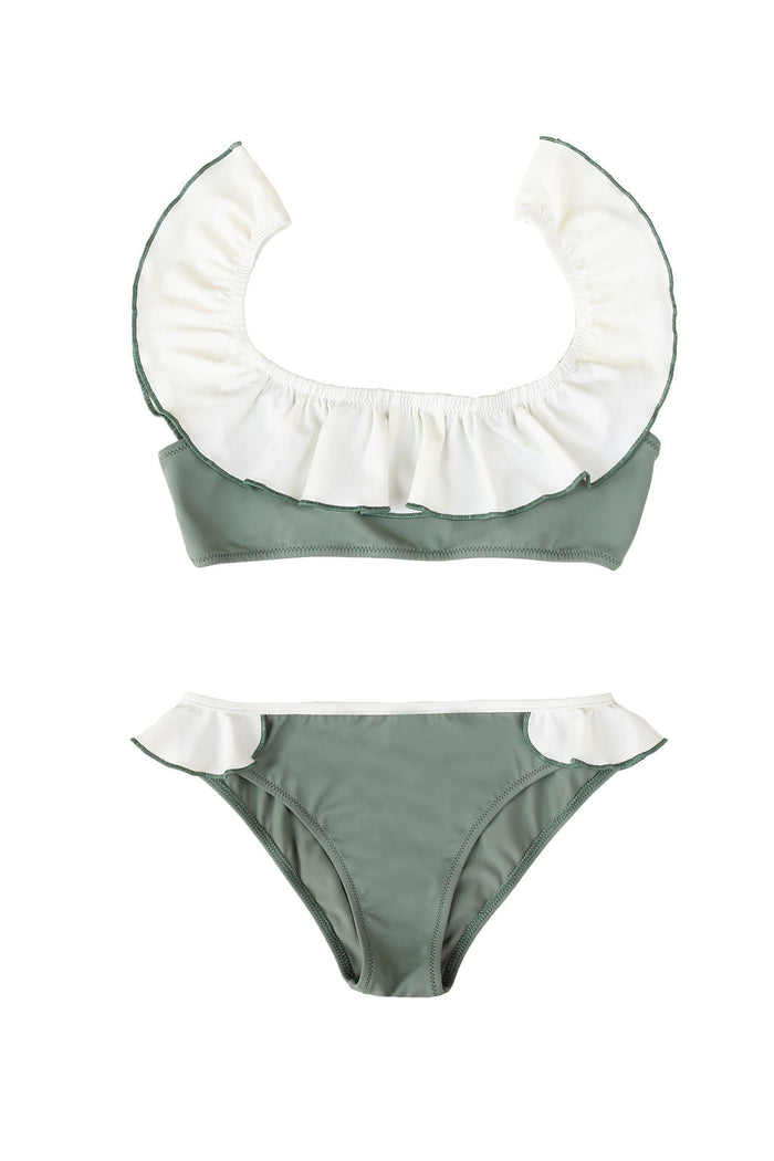 Ruffle Trim Bikini in Sage Green and Ivory