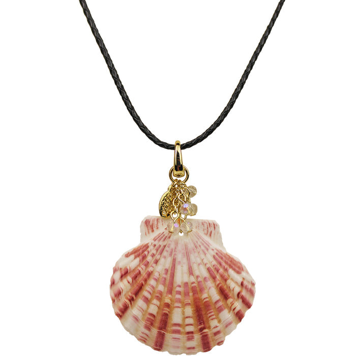 Scallop Shell Open Ring Charm Leather Cord 18" Necklace (Goldtone)