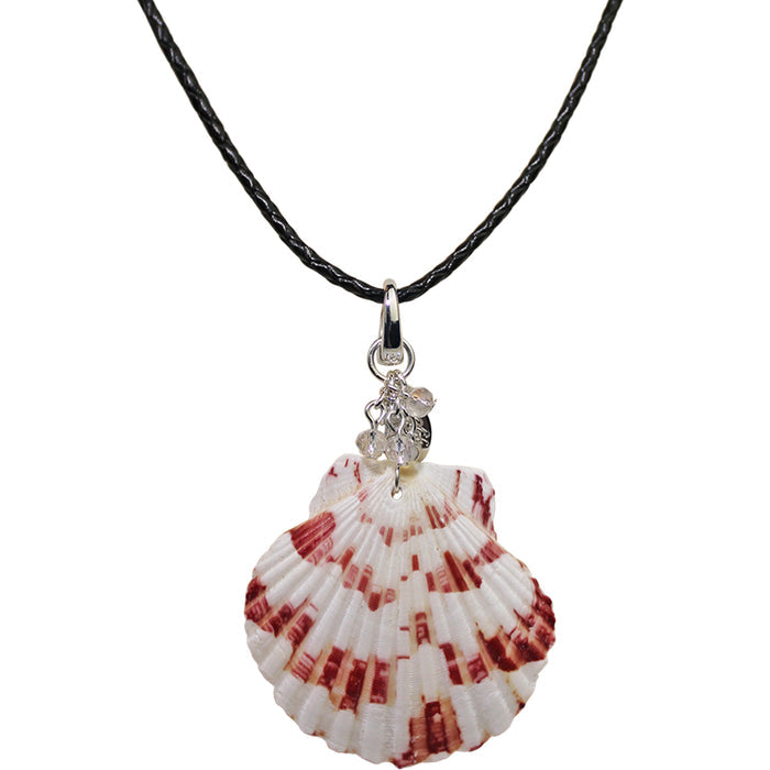 Scallop Shell Open Ring Charm Leather Cord 18" Necklace (Sterling Silvertone)