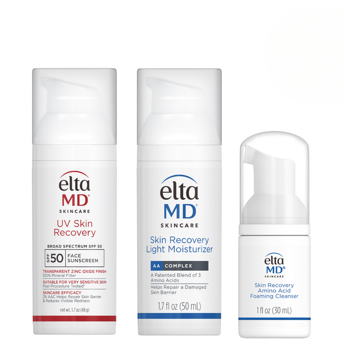 Three Elta MD skincare products on a white background
