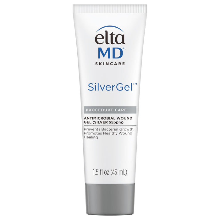 Tube of EltaMD SilverGel wound care gel with white and blue label, indicating it is a product for procedure care and has an antibacterial wound gel formula with silver 5 ppm.