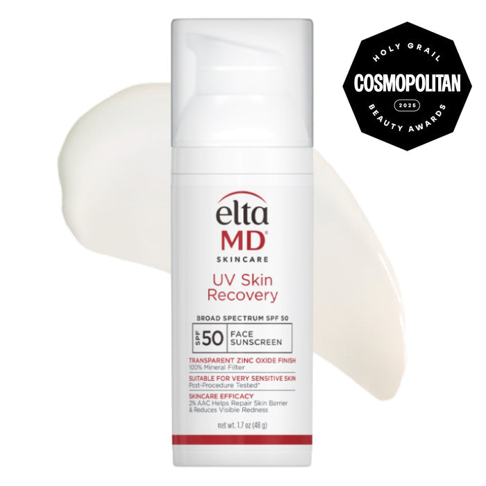 EltaMD UV Skin Recovery sunscreen with a Cosmopolitan Beauty Award badge on a white background