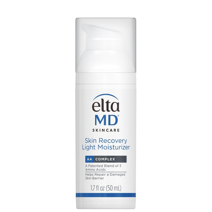 A pump bottle of EltaMD Skin Recovery Light Moisturizer with white and blue labeling.