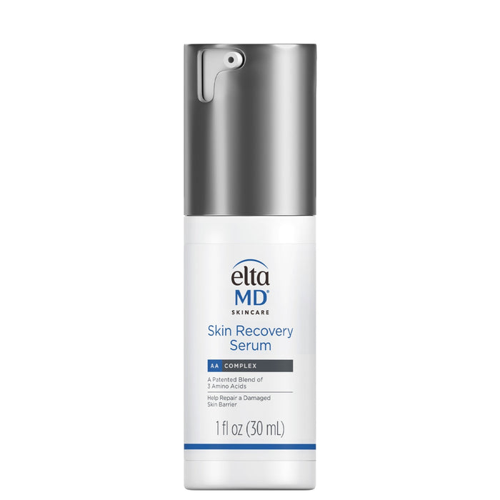 A bottle of EltaMD Skin Recovery Serum with a white label and blue accents, indicating it is a skin care product.