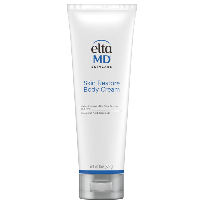 Tube of EltaMD Skin Restore Body Cream, white with blue and green text, 8 oz size.
