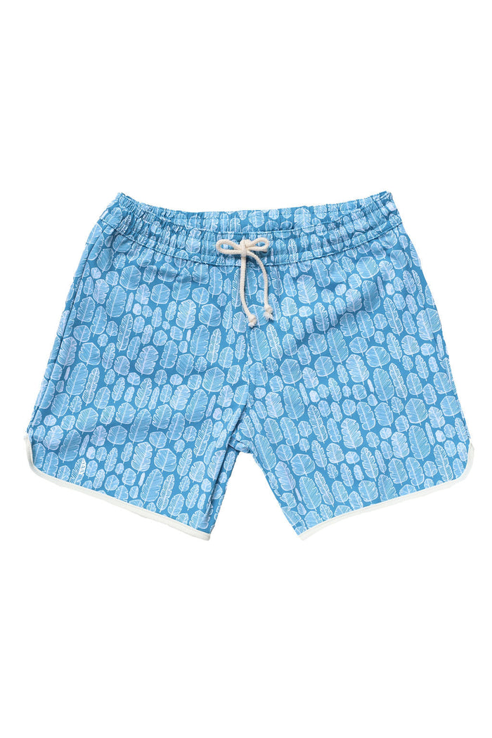 Boys swim shorts in banana leaves print in sky blue