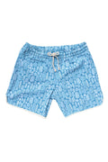 Boys swim shorts in banana leaves print in sky blue