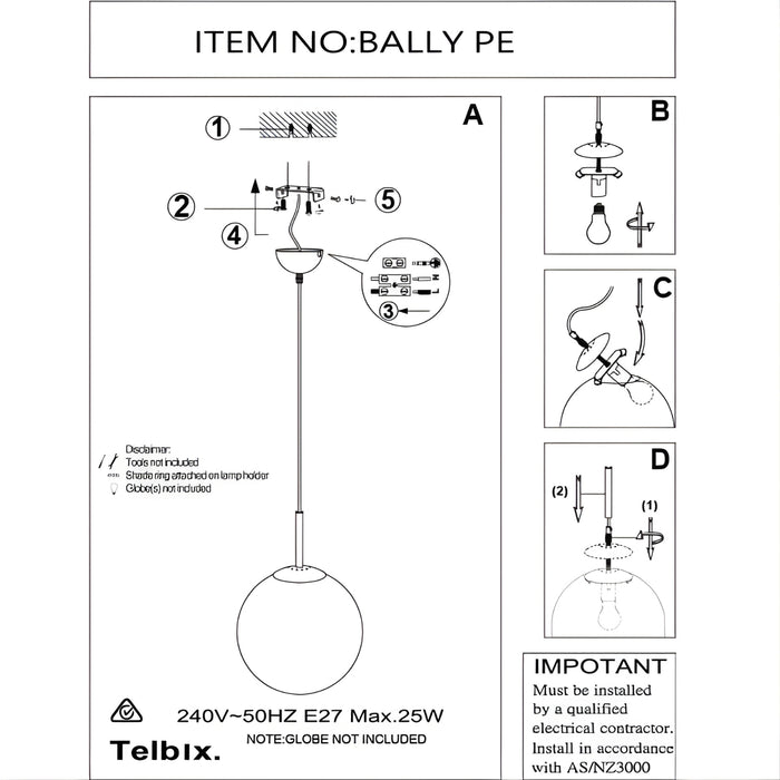 Telbix Bally ES 30cm Pendant - Black | The Blue Space