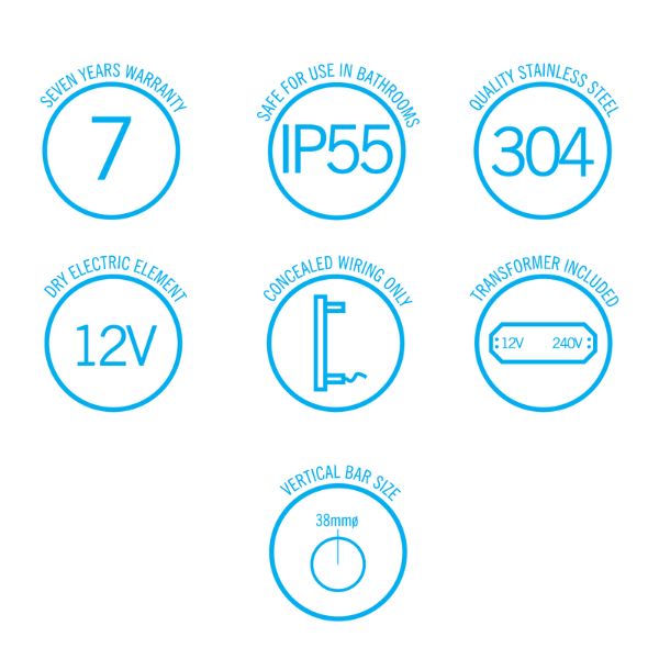 Symbols; Thermogroup 12V Vertical Single Bar Heated Towel Rail