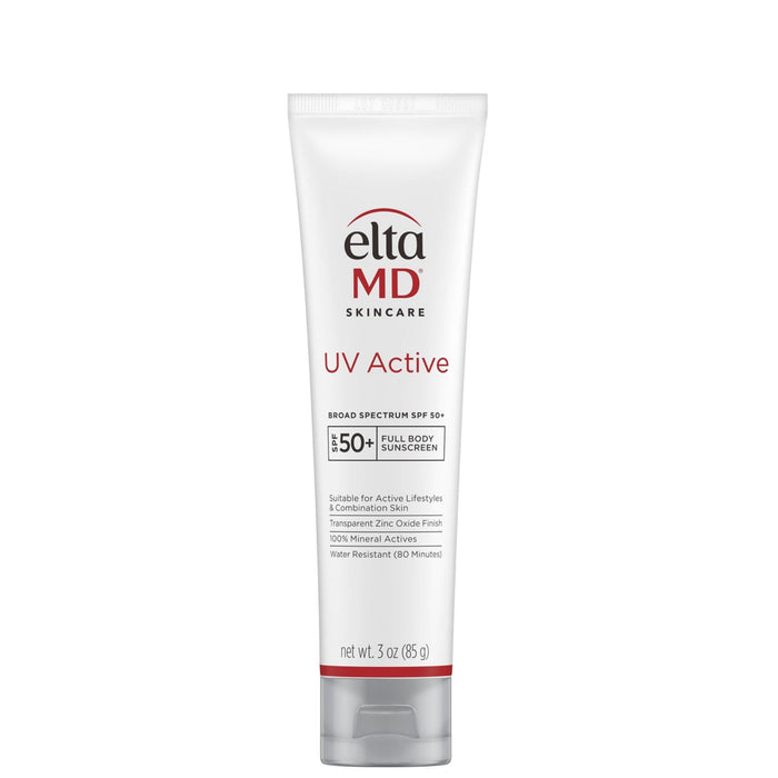 A tube of EltaMD UV Active Broad-Spectrum SPF 50+ sunscreen lotion.