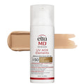 Elta MD Skincare UV AOX Elements Tinted Face Sunscreen SPF 50 in a white cylindrical bottle, shown with a beige makeup swatch on each side against a white background.