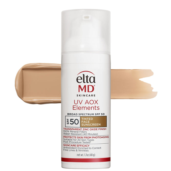 Elta MD Skincare UV AOX Elements Tinted Face Sunscreen SPF 50 in a white cylindrical bottle, shown with a beige makeup swatch on each side against a white background.