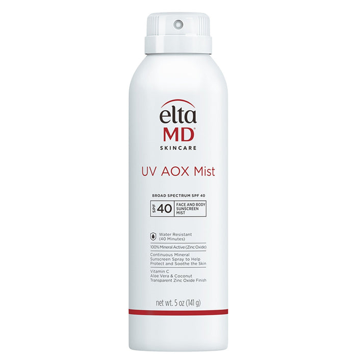 A bottle of EltaMD UV AOX Mist Broad-Spectrum SPF 40 sunscreen spray. The bottle is white with a red and grey label, and it is designed for easy spray application.