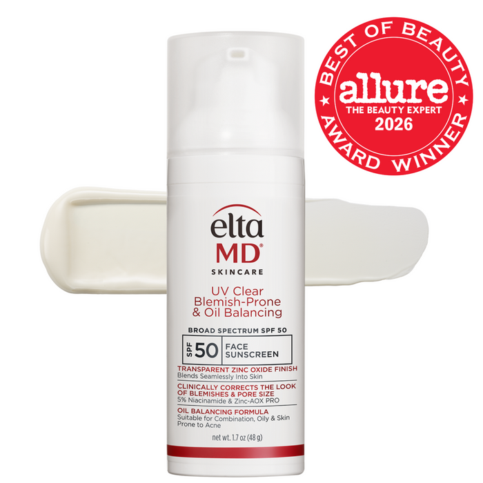 EltaMD UV Clear Blemish-Prone & Oil Balancing SPF 50 skincare bottle on a white background