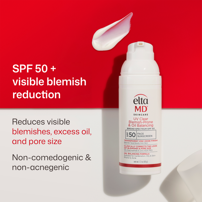 Ella MD skincare product with SPF 50 on a red background