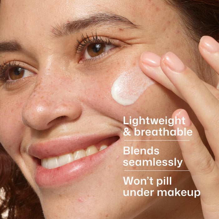 Woman applying cream to her face with text highlighting product features