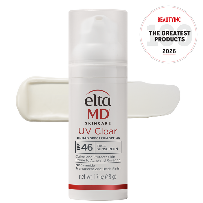 EltaMD UV Clear sunscreen bottle with applicator on a white background