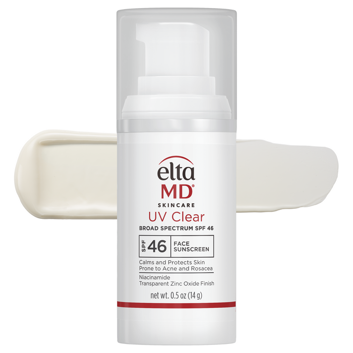 Elta MD Skincare UV Clear Broad Spectrum SPF 46 Face Sunscreen in a white pump bottle, shown with a cream-colored swipe of the sunscreen formula behind it on a white background.