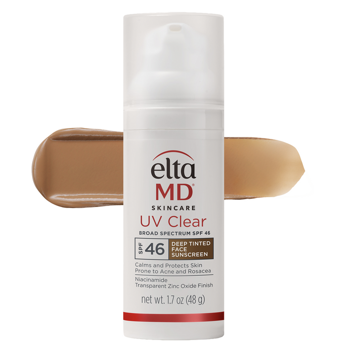 Elta MD UV Clear sunscreen bottle with a swatch of brown color on a white background