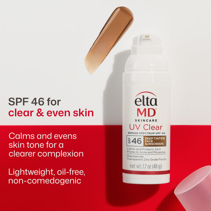 Eleta MD UV Clear sunscreen bottle with red and white background