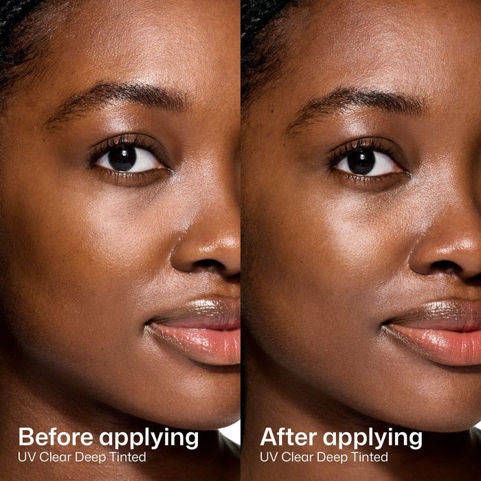 Before and after comparison of a woman's face applying UV Clear Deep Tinted product.