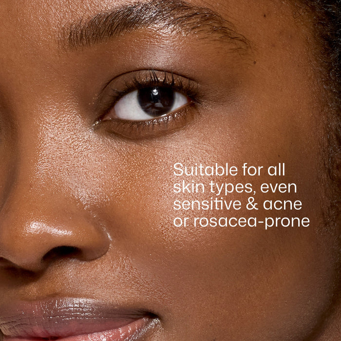 Close-up of a person's face with text about skin suitability
