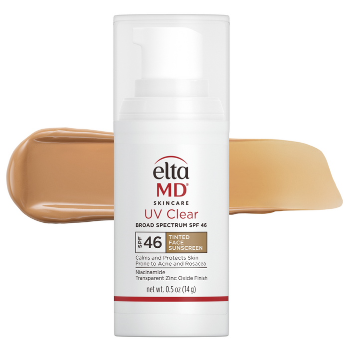 Eltamd UV Clear sunscreen packaging with a swatch of tan color on a white background