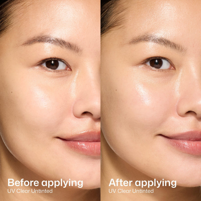 Before and after comparison of UV Clear Untinted product on a person's face.