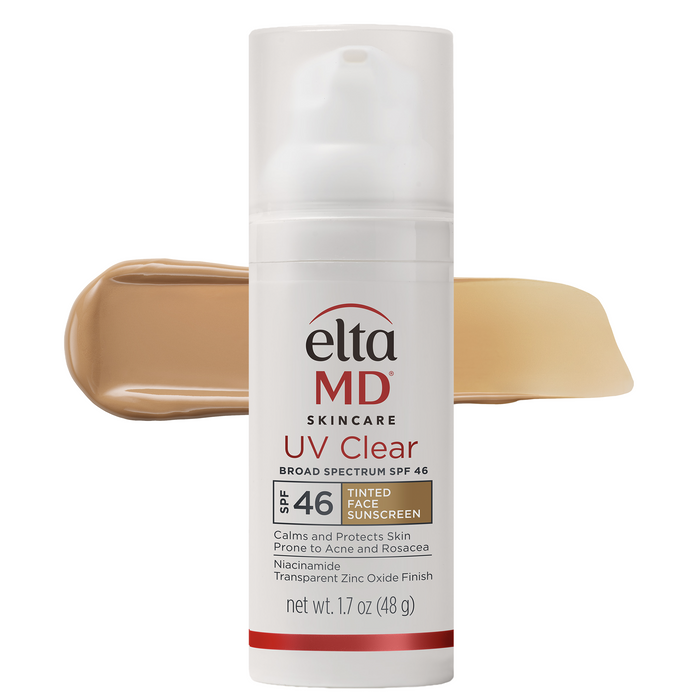 Elta MD UV Clear sunscreen bottle with beige color swatch on a white background
