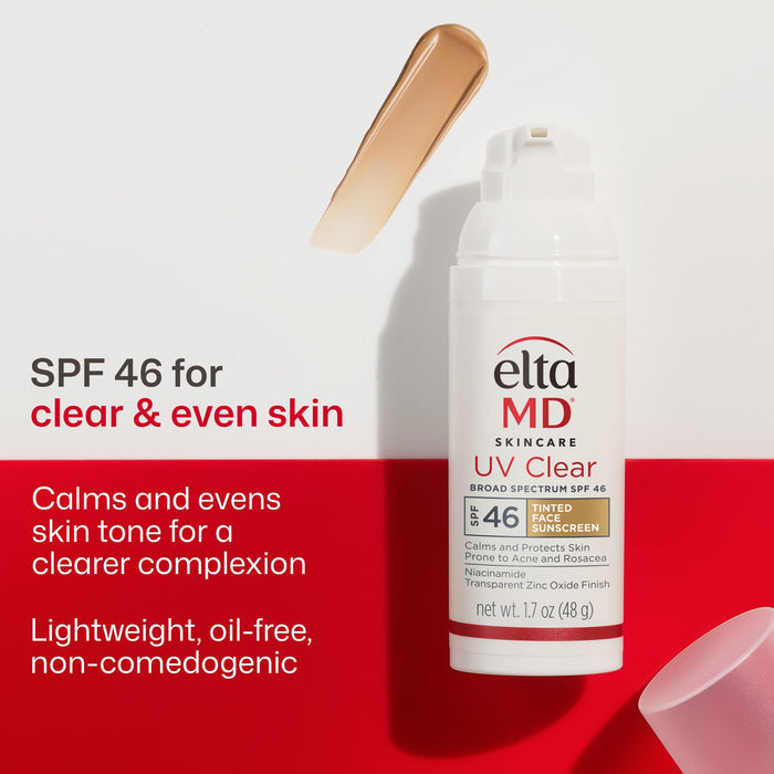 Eleta MD UV Clear sunscreen bottle with applicator on a white and red background