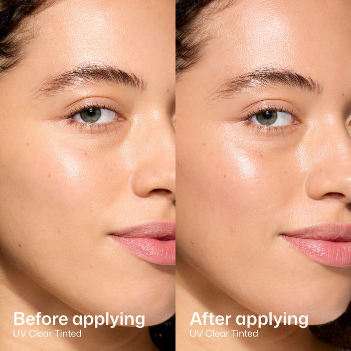 Before and after comparison of UV Clear Tinted product on a person's face.