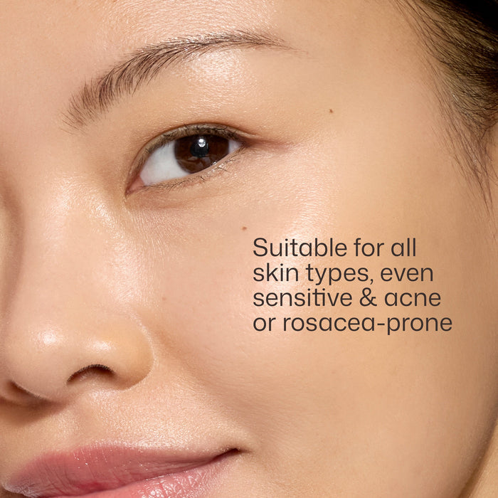 Close-up of a person's face with text indicating suitability for all skin types.