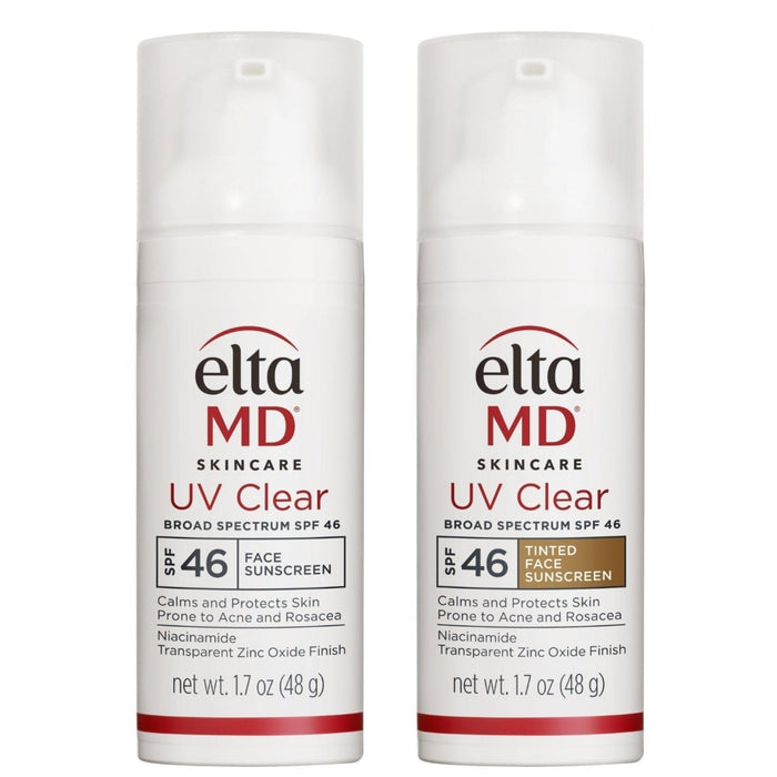 Two bottles of Elta MD UV Clear sunscreen with a 10% off badge on a white background.