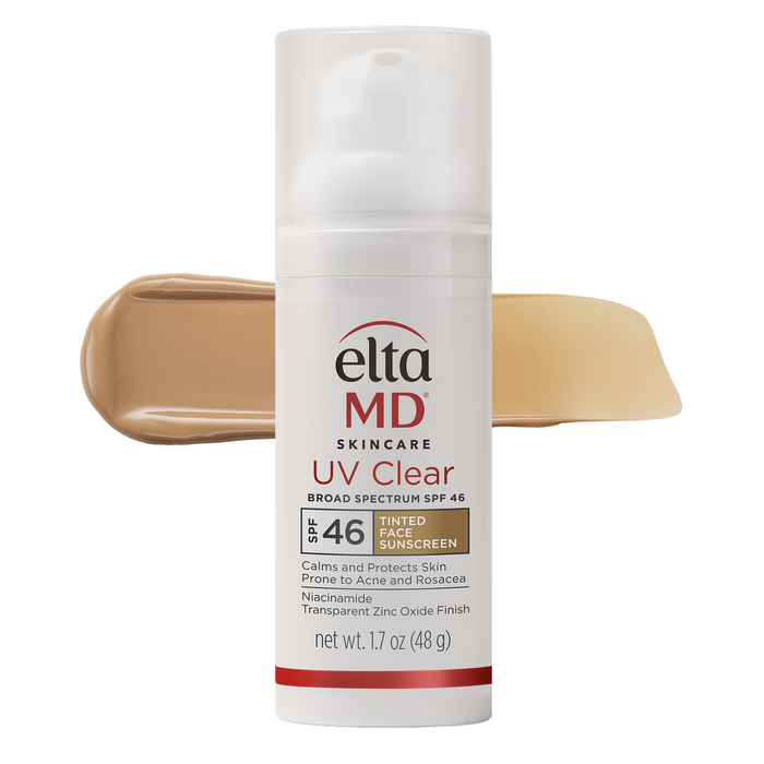 Elta MD UV Clear sunscreen bottle with beige color swatch on a white background