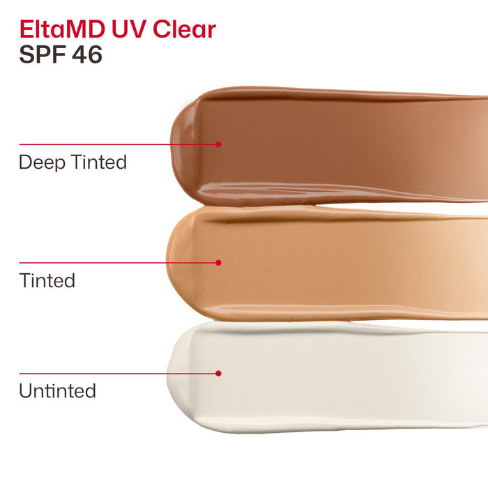 Three swatches of EltaMD UV Clear SPF 46 sunscreen in different shades on a white background.