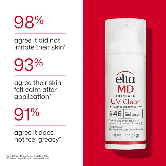 Eltma MD skincare product with positive user feedback on a red background