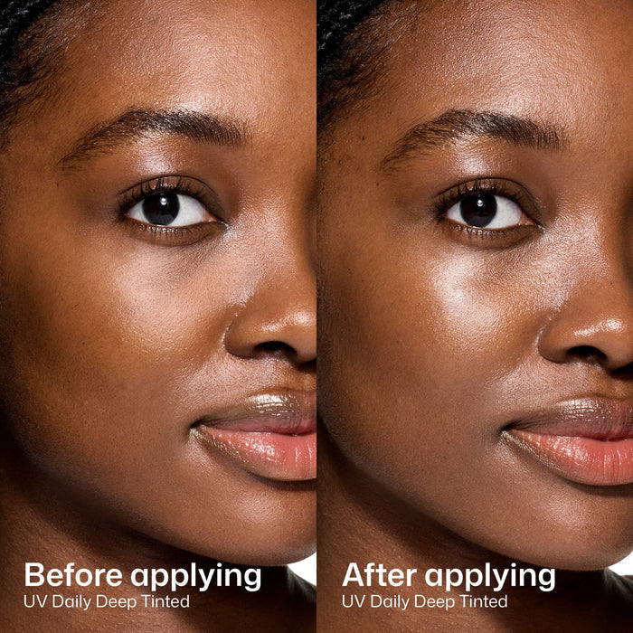 Before and after comparison of a woman's face applying UV Daily Deep Tinted product.