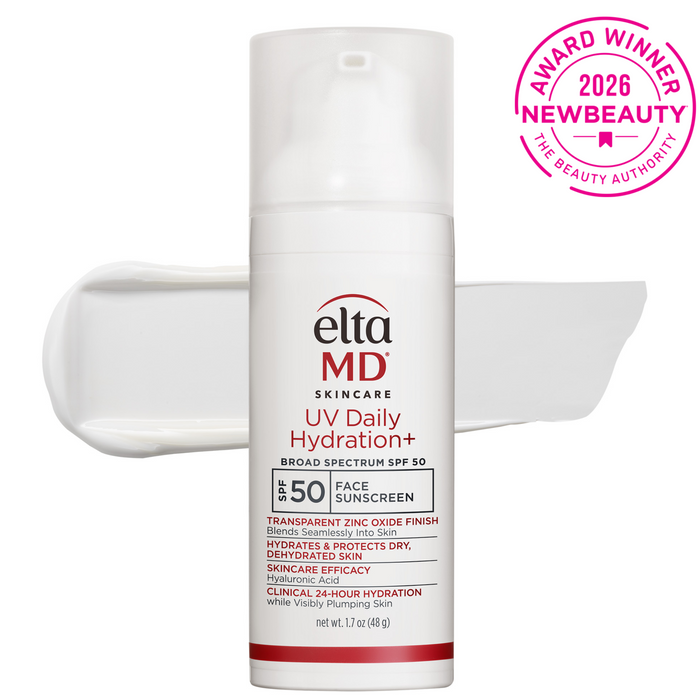 Elta MD UV Daily Hydration+ sunscreen bottle with award badge on a white background
