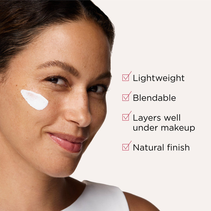 Woman with a cosmetic product on her face and text highlighting features.