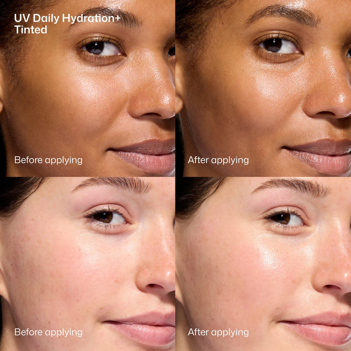 Before and after comparison of UV Daily Hydration+ Tinted product on a woman's face.
